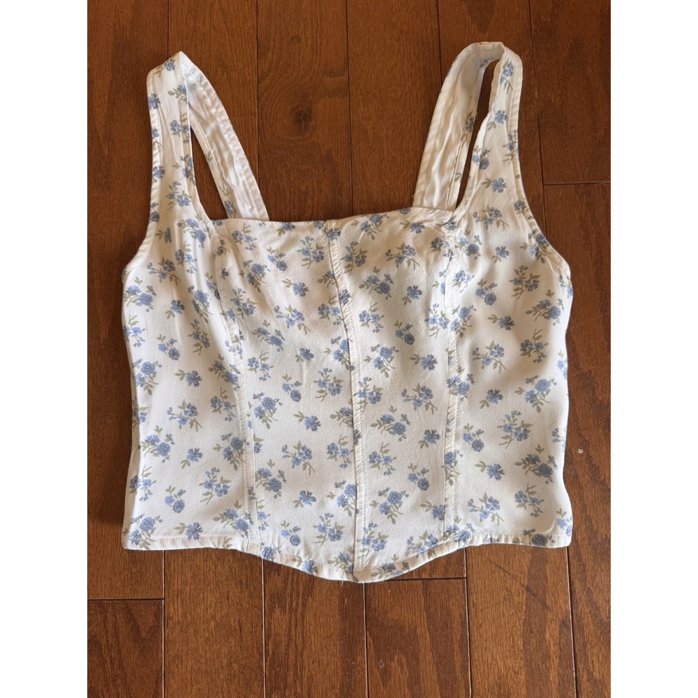 Hollister Floral Corset Tank Top Women's Small‎ Blue White Cottagecore Crop